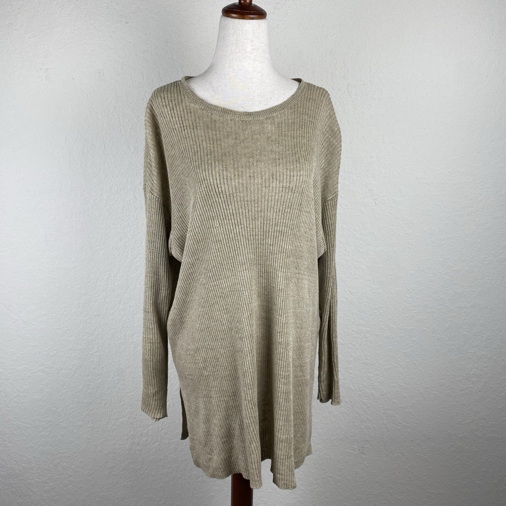Eileen Fisher M Sweater 100% Organic Linen Brown Slouchy Beach Dolman Sleeve